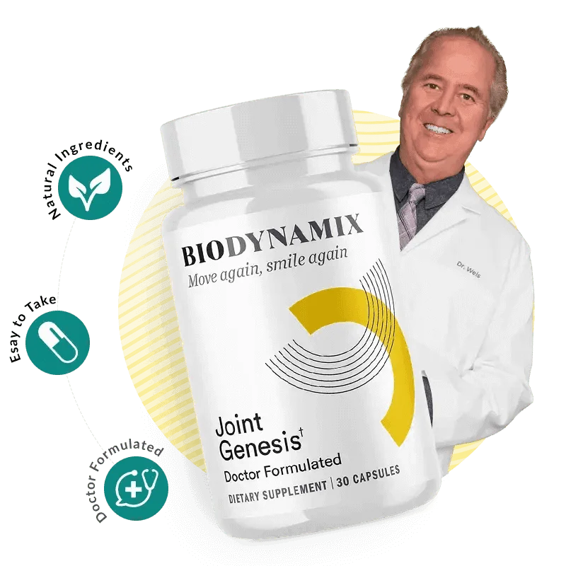 BIODYNAMIX Joint Genesis product bottle and spokesperson image